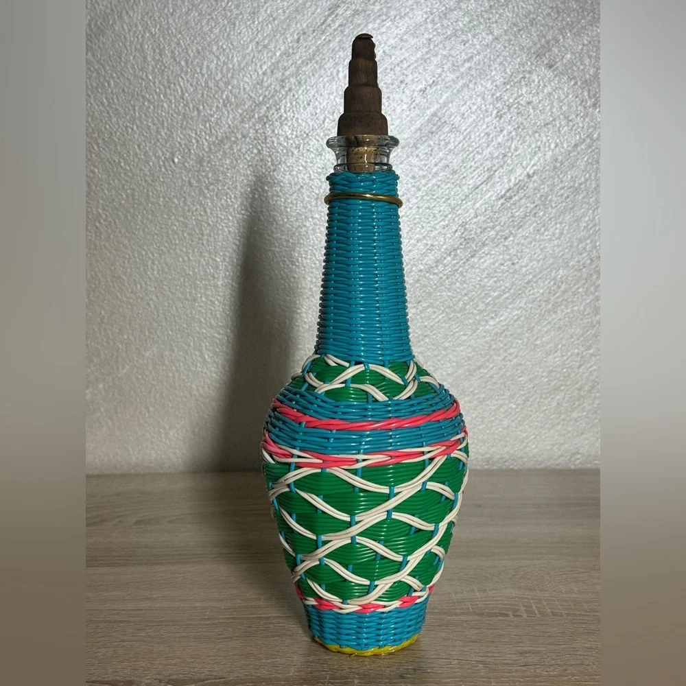 Vintage Spain Wine Bottle Plastic Woven Wicker Metal Handle